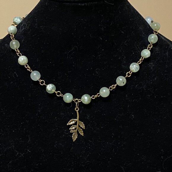 Natural Mint Green Serpentine Necklace, Bronze Leaf Branch + Genuine Gemstone - Picture 3 of 16